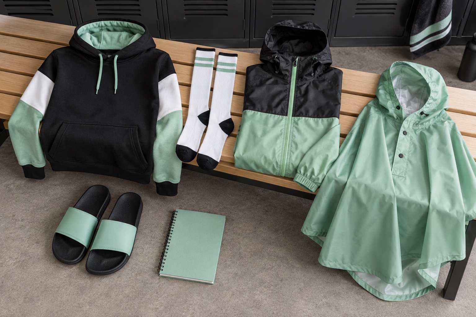Abgestimmte Vereinskleidung und Merchandising-Produkte in Schwarz, Weiß und Mint