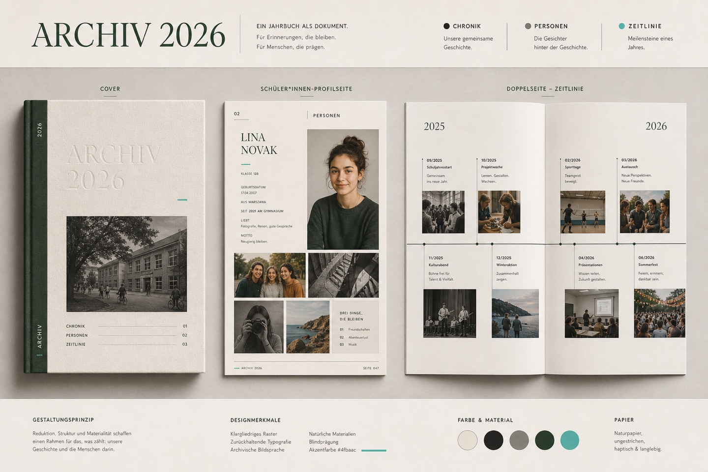 Gestaltungsrichtung Archiv 2026 mit dokumentarischem Cover, Profil und Zeitlinie