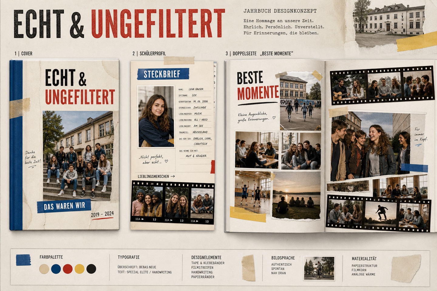 Gestaltungsrichtung Echt und ungefiltert mit Collage, Handschrift und Filmstreifen