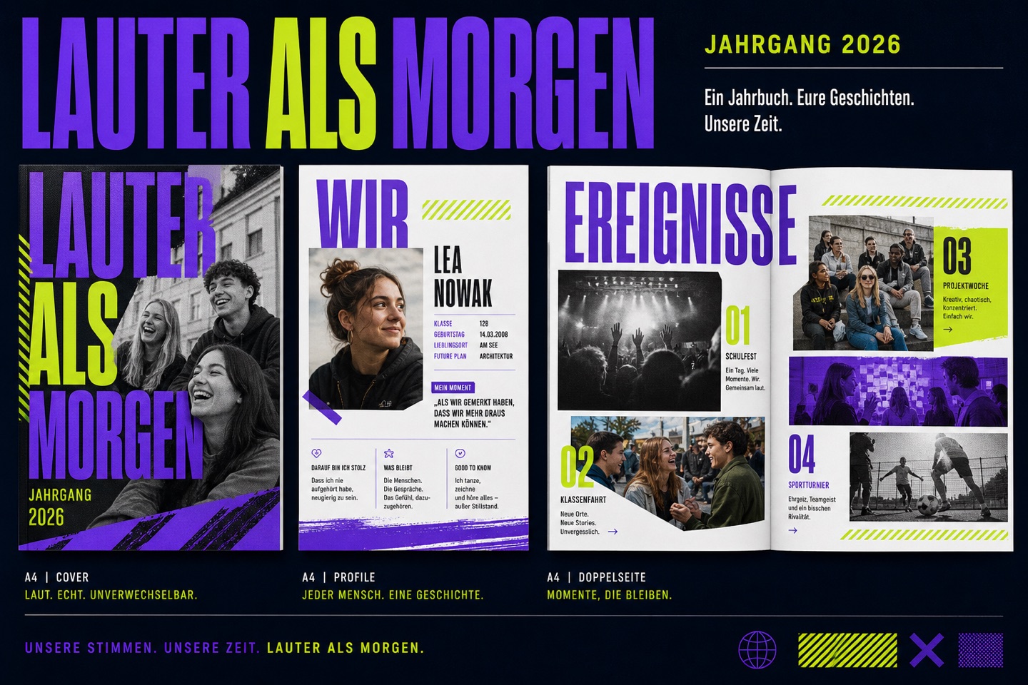 Gestaltungsrichtung Lauter als Morgen mit kontrastreicher Typografie und dynamischen Seiten