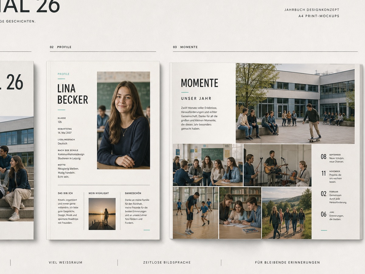 Editorial gestaltete Profilseite und Jahrbuch-Doppelseite mit Typografie, Texten und Bildern
