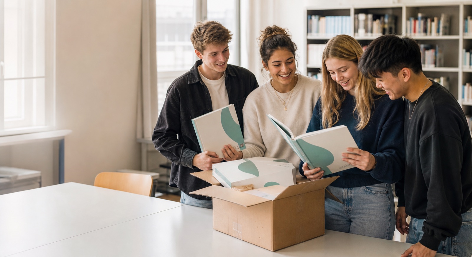 Schülerinnen und Schüler freuen sich über die gelieferten Jahrbücher