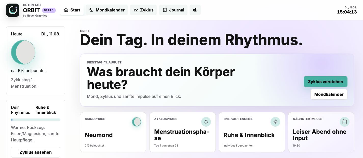 ORBIT Tagesübersicht mit Mondphase, Lebensphase, Energie-Tendenz und Tagesimpulsen