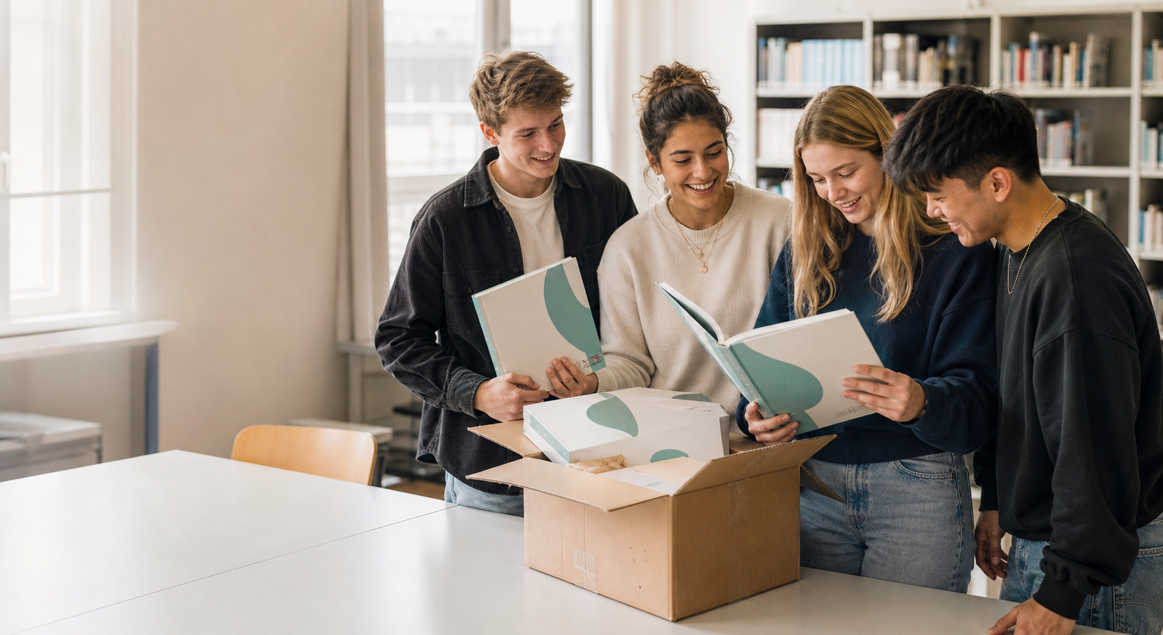Schülerinnen und Schüler freuen sich über die gelieferten Jahrbücher
